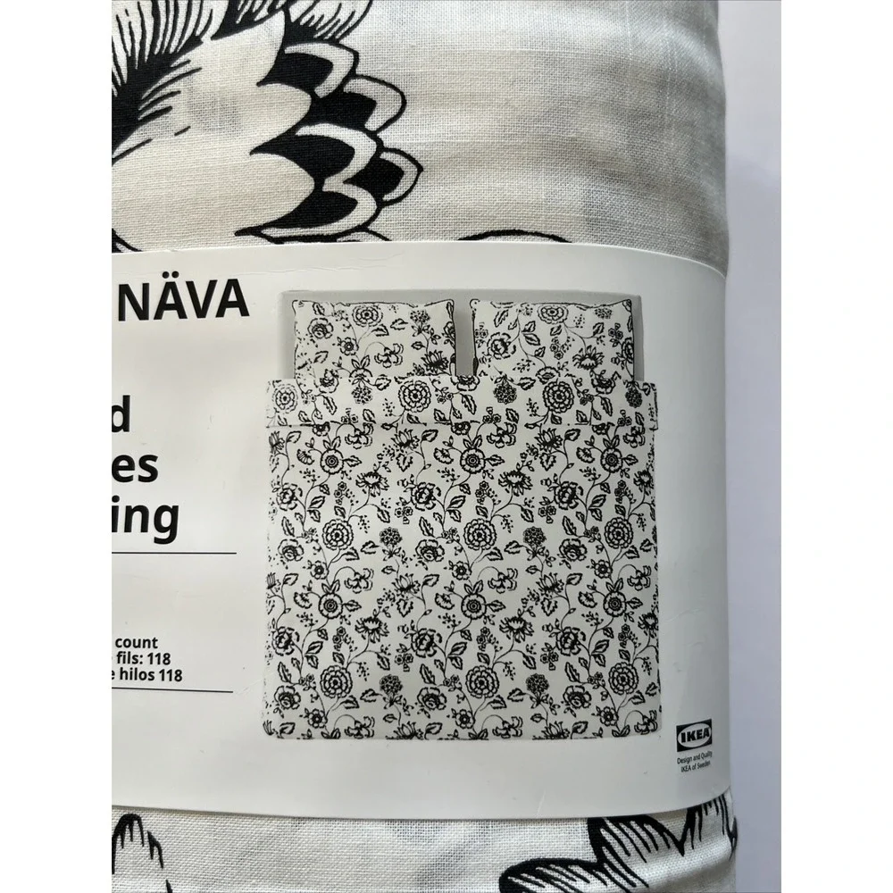 Ikea JUNGFRUNAVA King Duvet Cover + 2 Pillowcases Set White/Gray Floral